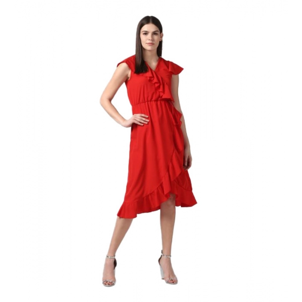 Dropship Women's Polyester Ruffled Cap Sleeve Knee-Length Dress (Red)