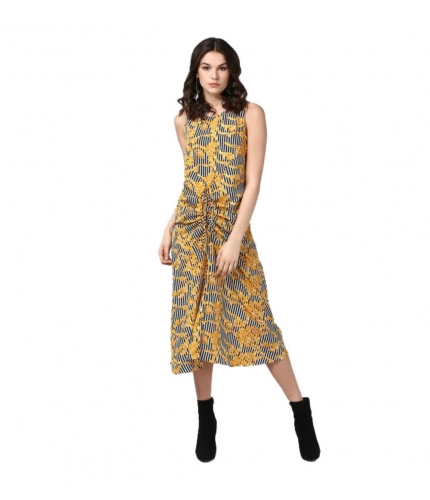 Women's Polyester Chain Print Sleeveless Below Knee Dress (Yellow - Black)