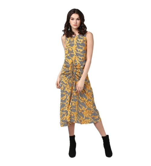 Women's Polyester Chain Print Sleeveless Below Knee Dress (Yellow - Black)
