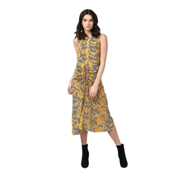 Dropship Women's Polyester Chain Print Sleeveless Below Knee Dress (Yellow - Black)