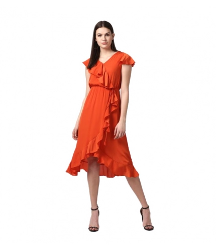 Women's Polyester Ruffled Cap Sleeve Knee-Length Dress (Orange)