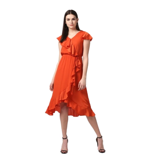 Women's Polyester Ruffled Cap Sleeve Knee-Length Dress (Orange)