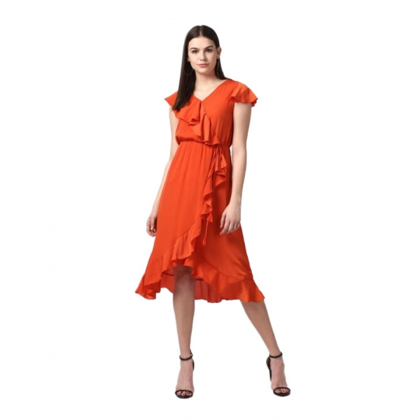 Dropship Women's Polyester Ruffled Cap Sleeve Knee-Length Dress (Orange)