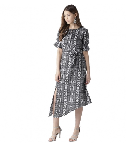 Women's Polyester Animal Print Short Sleeve Knee-Length Dress (Black - White)