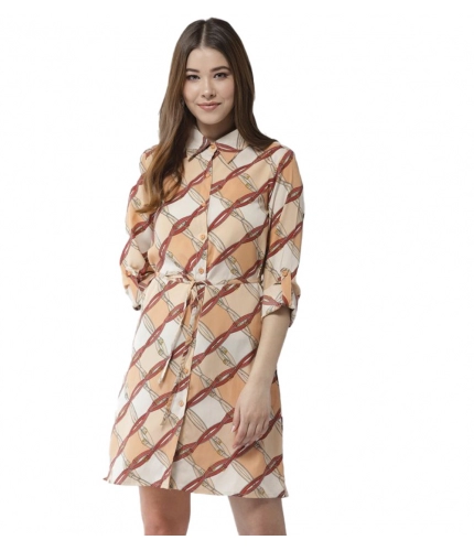 Women's Polyester Printed Roll Up Sleeve Above Knee Dress (Off White - Brown)