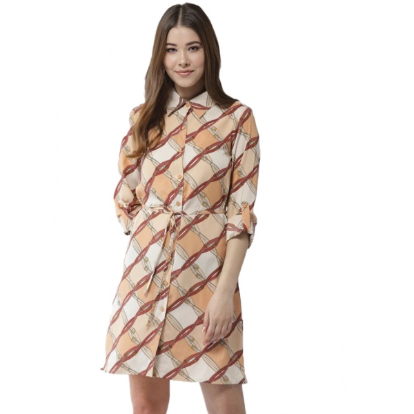 Dropship Women's Polyester Printed Roll Up Sleeve Above Knee Dress (Off White - Brown)