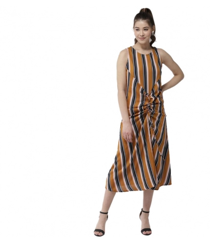 Women's Polyester Striped Sleeveless Below Knee Dress (Mustard)