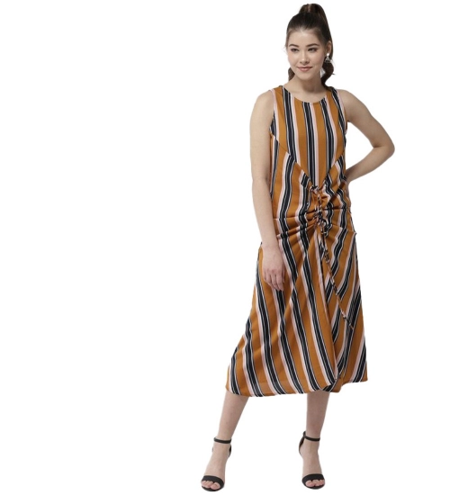 Women's Polyester Striped Sleeveless Below Knee Dress (Mustard)