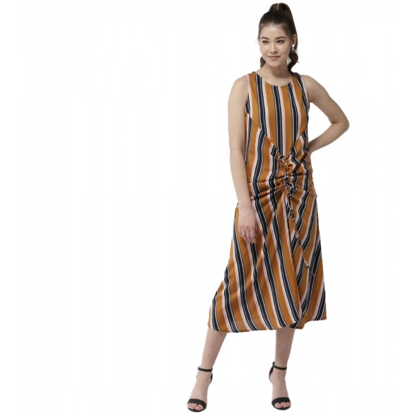 Dropship Women's Polyester Striped Sleeveless Below Knee Dress (Mustard)