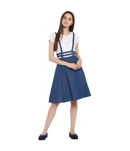 Women's Denim Solid Shoulder Straps Below Knee Dress (Blue)