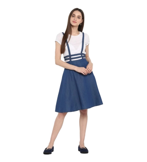 Women's Denim Solid Shoulder Straps Below Knee Dress (Blue)