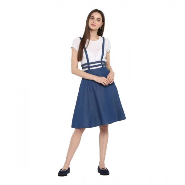 Dropship Women's Denim Solid Shoulder Straps Below Knee Dress (Blue)