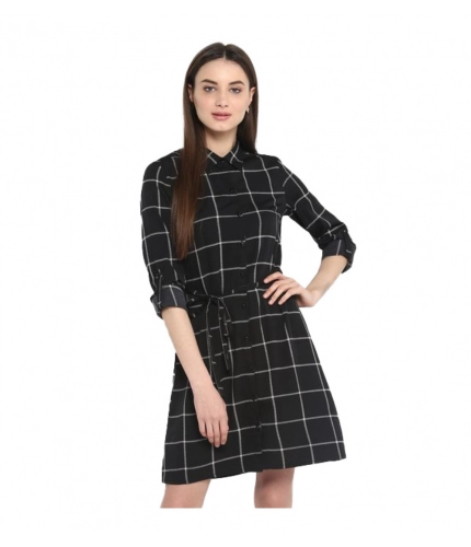 Women's Polyester Checkered Roll Up Sleeve Above Knee Dress (Black - White)