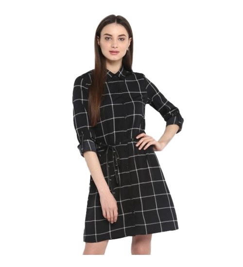Women's Polyester Checkered Roll Up Sleeve Above Knee Dress (Black - White)
