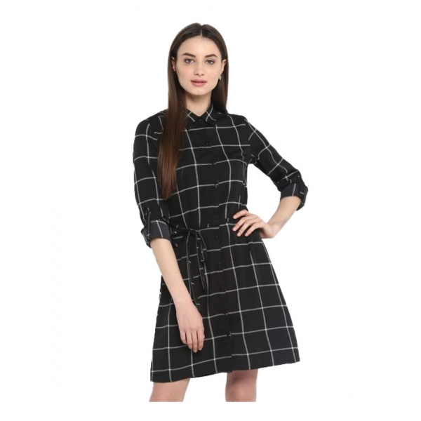 Dropship Women's Polyester Checkered Roll Up Sleeve Above Knee Dress (Black - White)