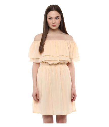 Women's Polyester Solid Sleeveless Knee-Length Dress (Beige)