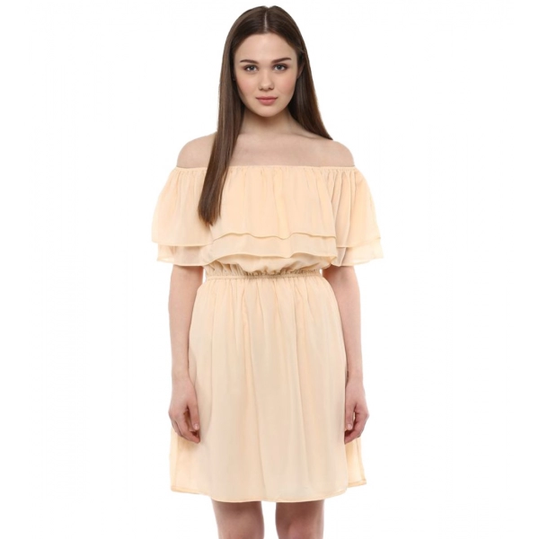 Dropship Women's Polyester Solid Sleeveless Knee-Length Dress (Beige)