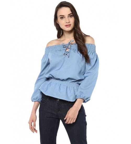 Women's Denim Solid 3-4th Sleeves Regular Top (Blue)
