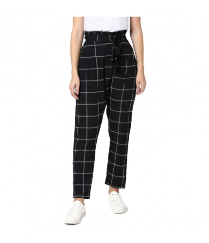 Women's Polyester Checkered Elasticated Trousers (Black - White)