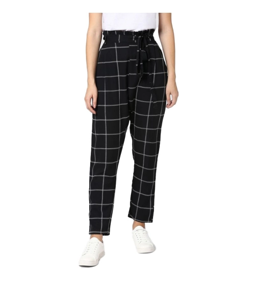 Women's Polyester Checkered Elasticated Trousers (Black - White)
