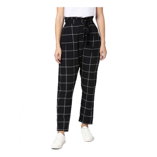 Dropship Women's Polyester Checkered Elasticated Trousers (Black - White)