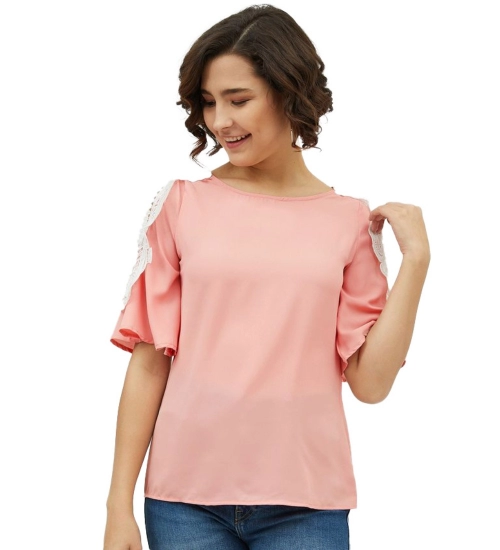 Women's Polyester Lace Inserts Cold Shoulder Top (Pink)