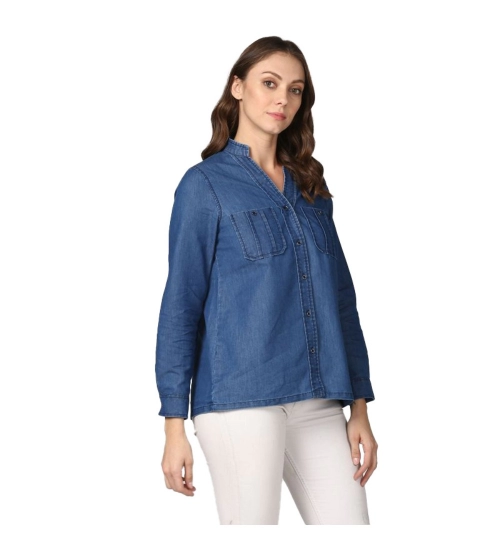 Women's Denim Solid Long Sleeves Top (Blue)