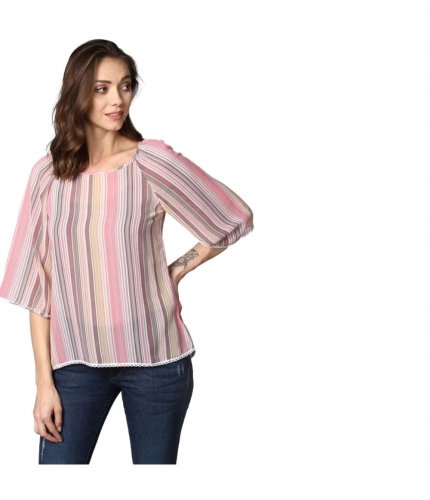 Women's Polyester Striped 3-4th Sleeves Top (Pink)