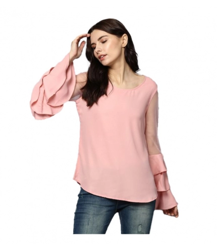 Women's Polyester Solid Tier Sleeve Top (Pink)