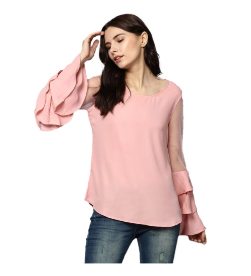 Women's Polyester Solid Tier Sleeve Top (Pink)