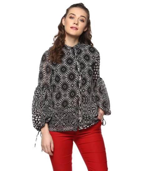 Women's Polyester Printed Balloon Sleeve Top (Black - White)