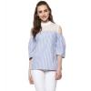Women's Cotton Striped Cold Shoulder Top (Blue) Women's Cotton Striped Cold Shoulder Top (Blue)