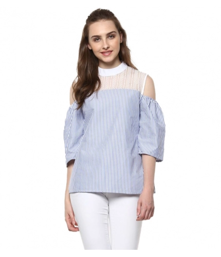 Women's Cotton Striped Cold Shoulder Top (Blue)