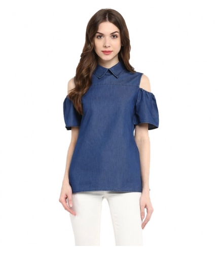 Women's Denim Solid Cold Shoulder Regular Top (Blue)
