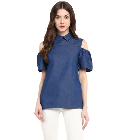 Women's Denim Solid Cold Shoulder Regular Top (Blue)
