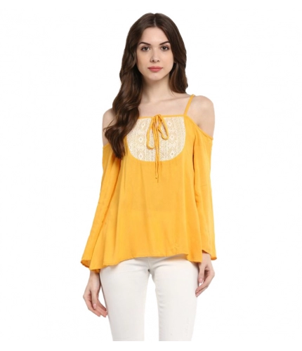 Women's Rayon Embellished Cold Shoulder Regular Top (Mustard Yellow)