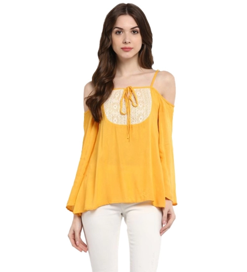 Women's Rayon Embellished Cold Shoulder Regular Top (Mustard Yellow)