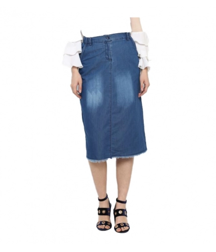 Women's Denim Washed Buttoned Skirt (Blue)