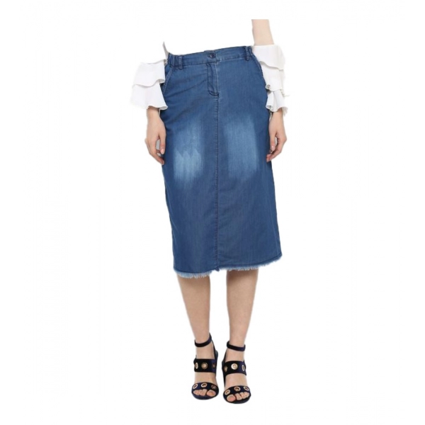 Dropship Women's Denim Washed Buttoned Skirt (Blue)