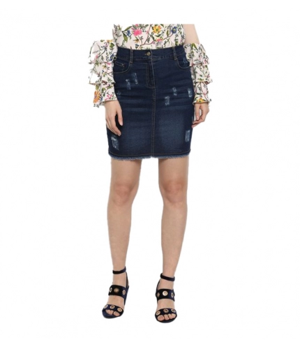 Women's Denim Distressed Buttoned Skirt (Blue)