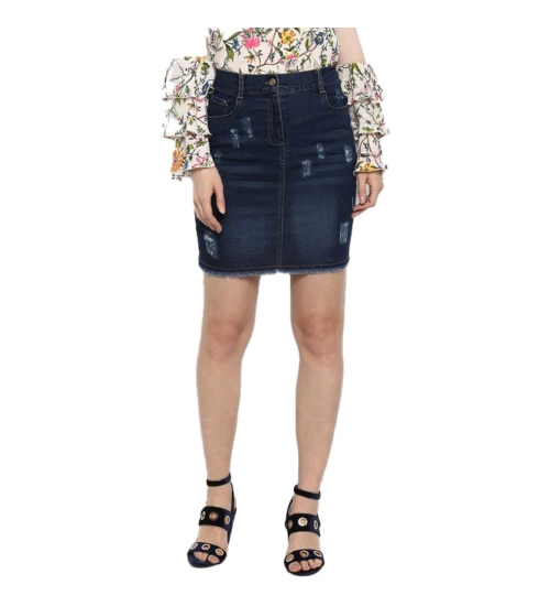 Women's Denim Distressed Buttoned Skirt (Blue)