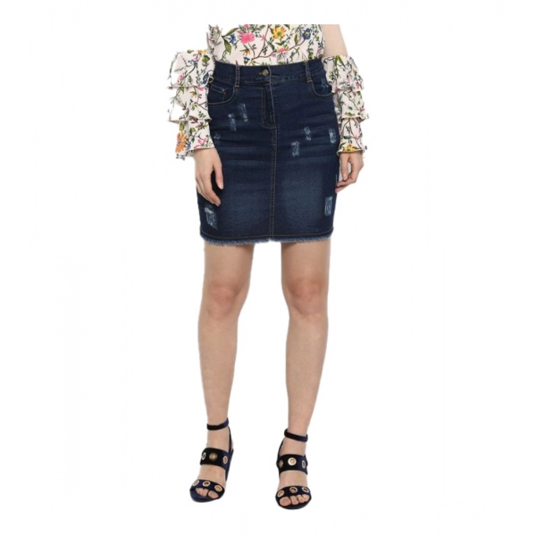 Dropship Women's Denim Distressed Buttoned Skirt (Blue)