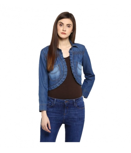 Women's Denim Pleated 3-4th Sleeves Shrug (Blue)