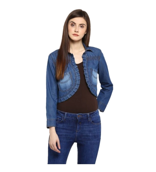 Women's Denim Pleated 3-4th Sleeves Shrug (Blue)