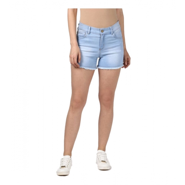 Dropship Women's Denim Solid Buttoned Shorts (Blue)