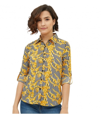 Women's Polyester Printed Roll Up Sleeve Standard Length Shirt (Mustared)