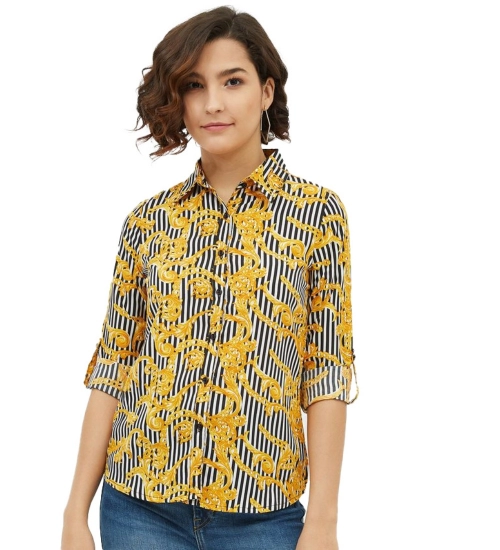Women's Polyester Printed Roll Up Sleeve Standard Length Shirt (Mustared)