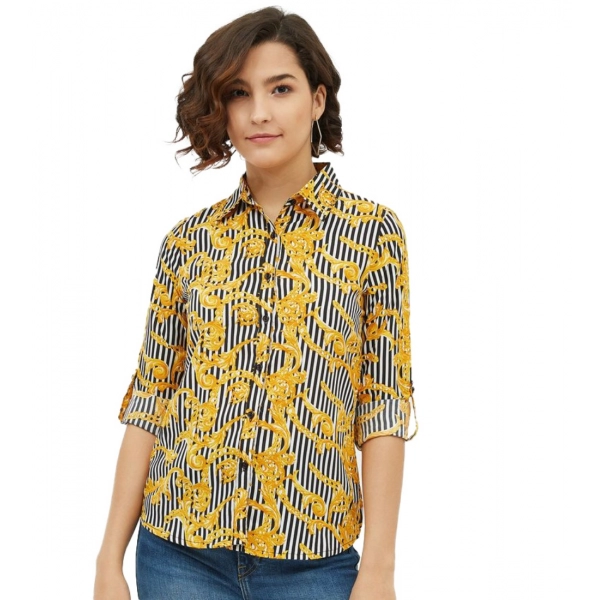 Dropship Women's Polyester Printed Roll Up Sleeve Standard Length Shirt (Mustared)