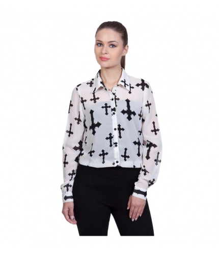 Women's Polyester Printed Long Sleeves Standard Length Shirt (White)