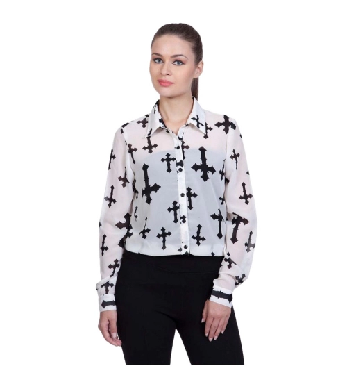 Women's Polyester Printed Long Sleeves Standard Length Shirt (White)